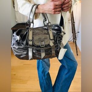 Botkier Metallic Gunmetal Leather Sasha Hobo Shoulder Duffle Bag